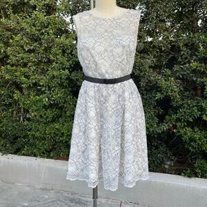 XSCAPE By Joanna Chen Flower Lace Tulle Belted Dress White Black Formal USA Made